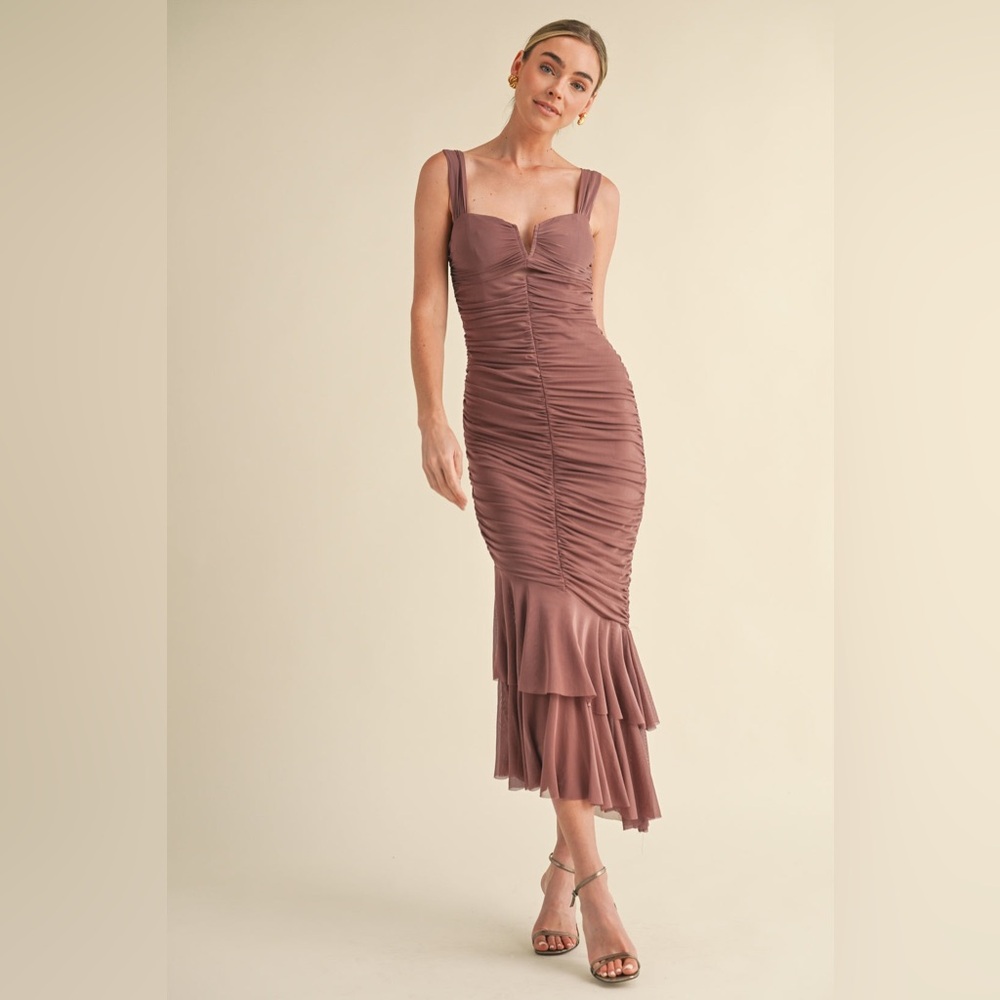 MABLE Ruched Fishtail Midi Dress